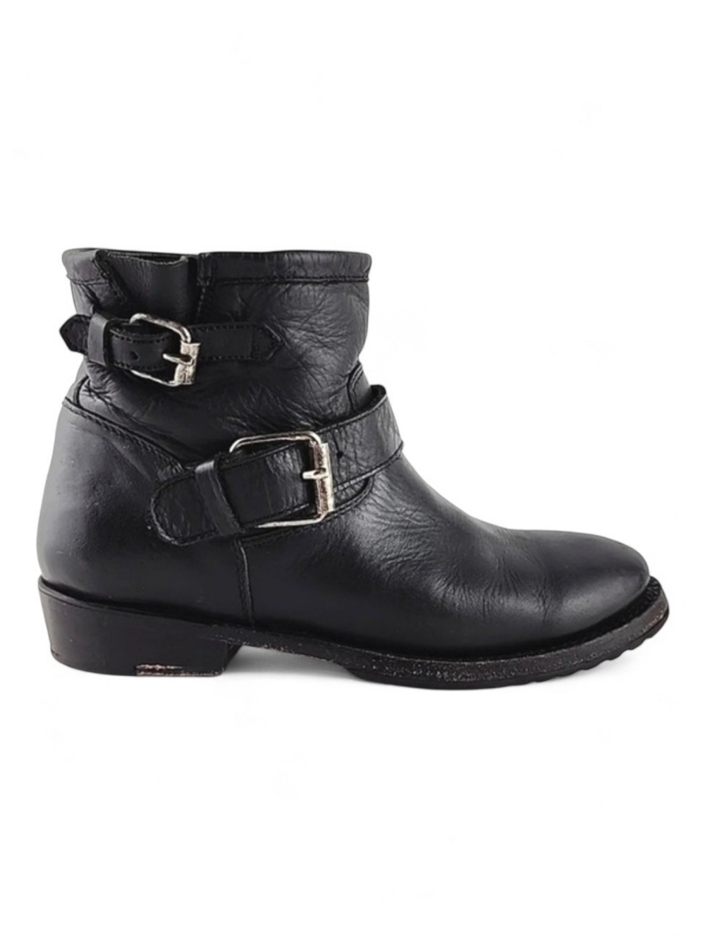 ASH Women's Trick Black Leather Biker Double Strap Buckle Ankle Boot 37